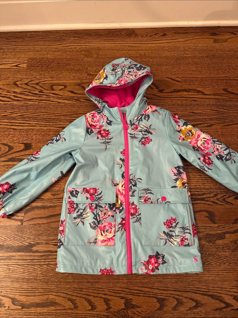 Joules Light Blue Floral Hooded Raincoat with Pink Fleece Lining